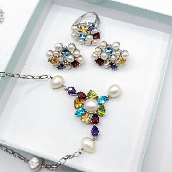 Ross-Simons Jewelry Set Gem Pearl Necklace Ring Earrings Cocktail Glam Size 6.5 - Picture 2 of 10